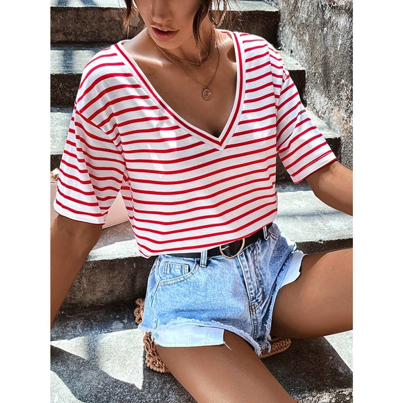 boho gypsy dreamer Tops - Classic preppy Striped V Neck Tee shirt top white red